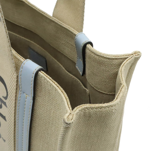 CHLOÉ Chloe Woody Medium Tote Shoulder Bag Linen Canvas Leather Light Blue - Picture 8 of 9
